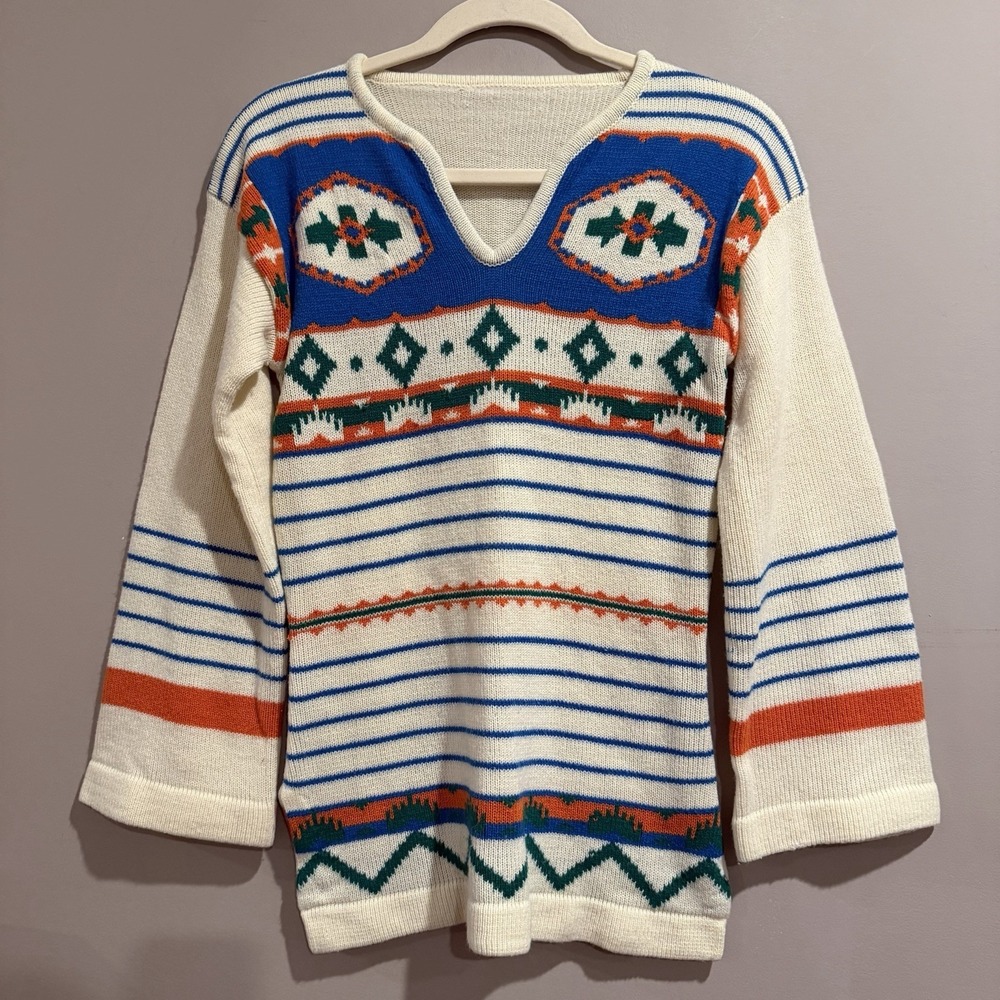 1960's Pullover Baja Southwestern Pullover Boho Hippie Sweater Small Flare Sleev